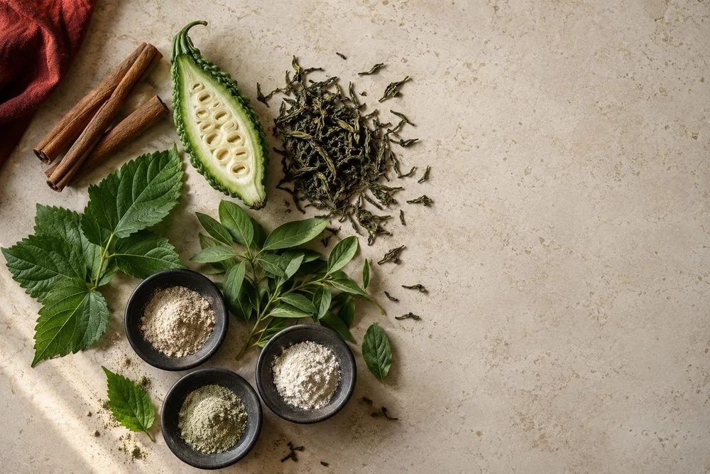 Cinnamon sticks, bitter melon, green tea leaves, mulberry leaves and extract powders on pale stone